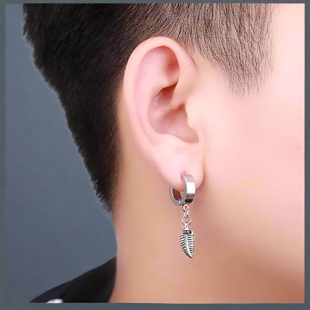 THE MEN THING Nose & Ear Ring Pair (Both Ears) PLUME SILVER - Pure Titanium Steel Ear Hoop Earrings for Men & Boys (2 Pcs)
