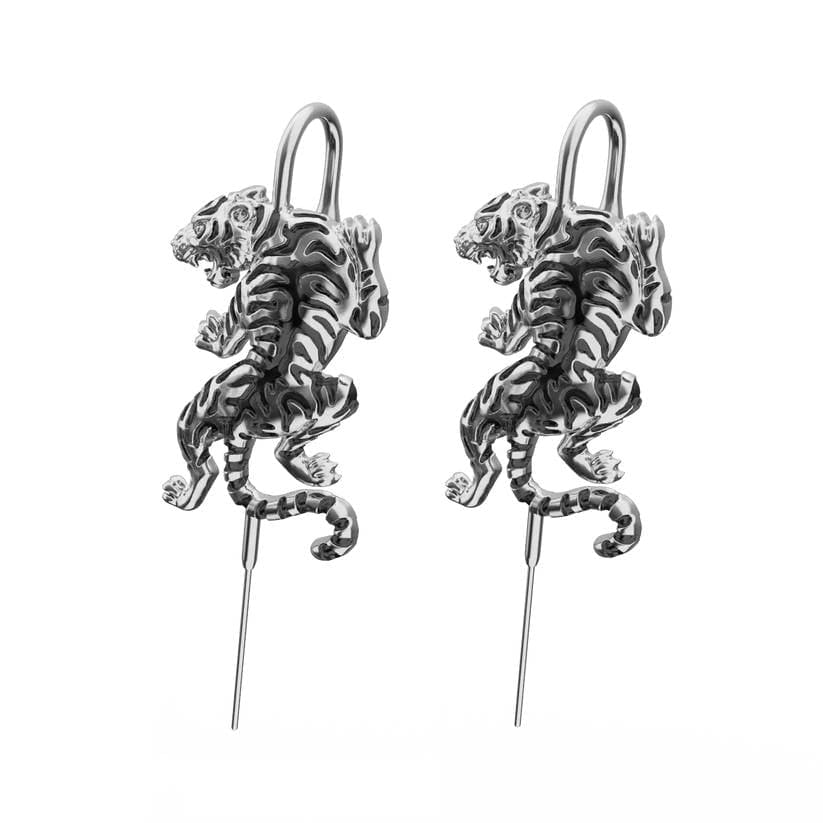 THE MEN THING Nose & Ear Ring Pair (Both Ears) POUNCE TIGER - Pure Titanium Steel Ear Crawler Hook Pin Cuff Earrings for Men & Boys (2 Pcs)