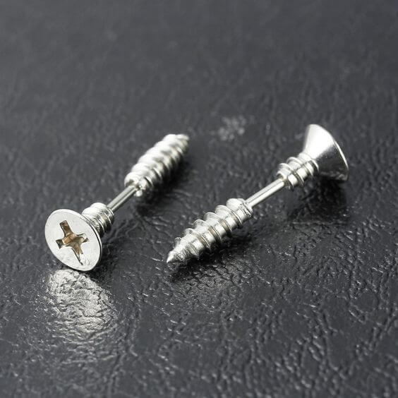 THE MEN THING Nose & Ear Ring Pair (Both Ears) SCREWHEAD - SILVER - Pure Titanium Steel Ear Hoop Earrings for Men & Boys (2 Pcs)