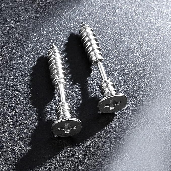 THE MEN THING Nose & Ear Ring Pair (Both Ears) SCREWHEAD - SILVER - Pure Titanium Steel Ear Hoop Earrings for Men & Boys (2 Pcs)