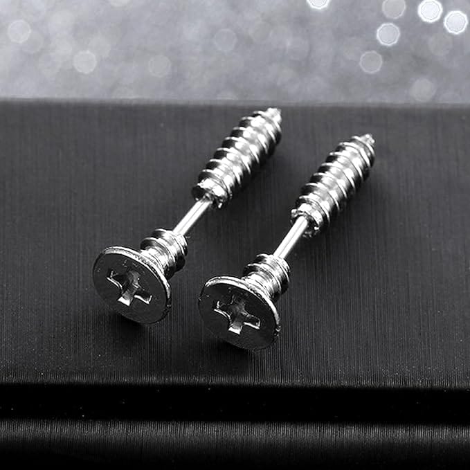 THE MEN THING Nose & Ear Ring Pair (Both Ears) SCREWHEAD - SILVER - Pure Titanium Steel Ear Hoop Earrings for Men & Boys (2 Pcs)