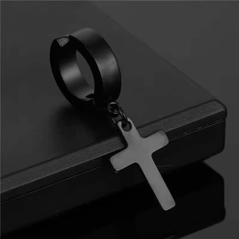 THE MEN THING Nose & Ear Ring Pair (Both Ears) SHADOW CROSS - BLACK - Pure Titanium Steel Ear Hoop Earrings for Men & Boys (2 Pcs)