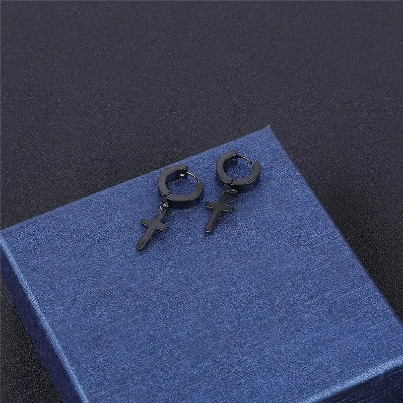 THE MEN THING Nose & Ear Ring Pair (Both Ears) SHADOW CROSS - BLACK - Pure Titanium Steel Ear Hoop Earrings for Men & Boys (2 Pcs)