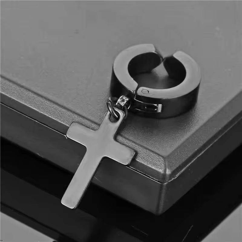 THE MEN THING Nose & Ear Ring Pair (Both Ears) SHADOW CROSS - BLACK - Pure Titanium Steel Ear Hoop Earrings for Men & Boys (2 Pcs)