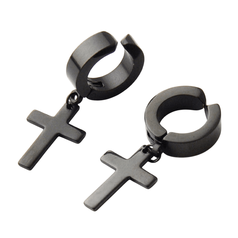THE MEN THING Nose & Ear Ring Pair (Both Ears) SHADOW CROSS - BLACK - Pure Titanium Steel Ear Hoop Earrings for Men & Boys (2 Pcs)