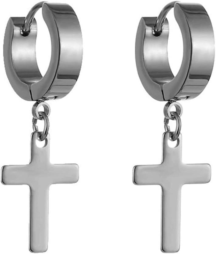 THE MEN THING Nose & Ear Ring Pair (Both Ears) SHADOW CROSS - SILVER - Pure Titanium Steel Ear Hoop Earrings for Men & Boys (2 Pcs)