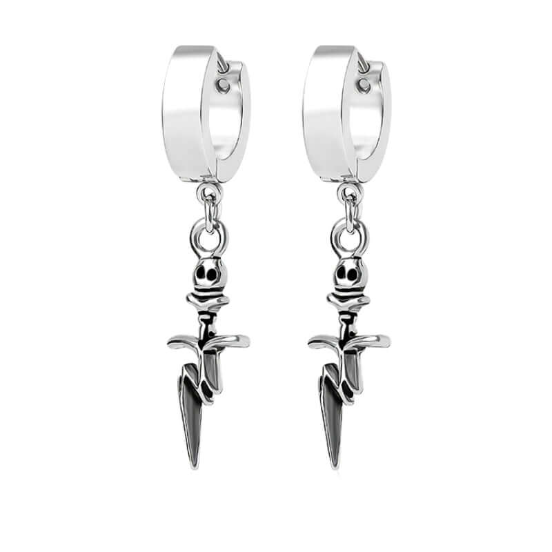 THE MEN THING Nose & Ear Ring Pair (Both Ears) SKULL DAGGER SILVER - Pure Titanium Steel Ear Hoop Earrings for Men & Boys (2 Pcs)