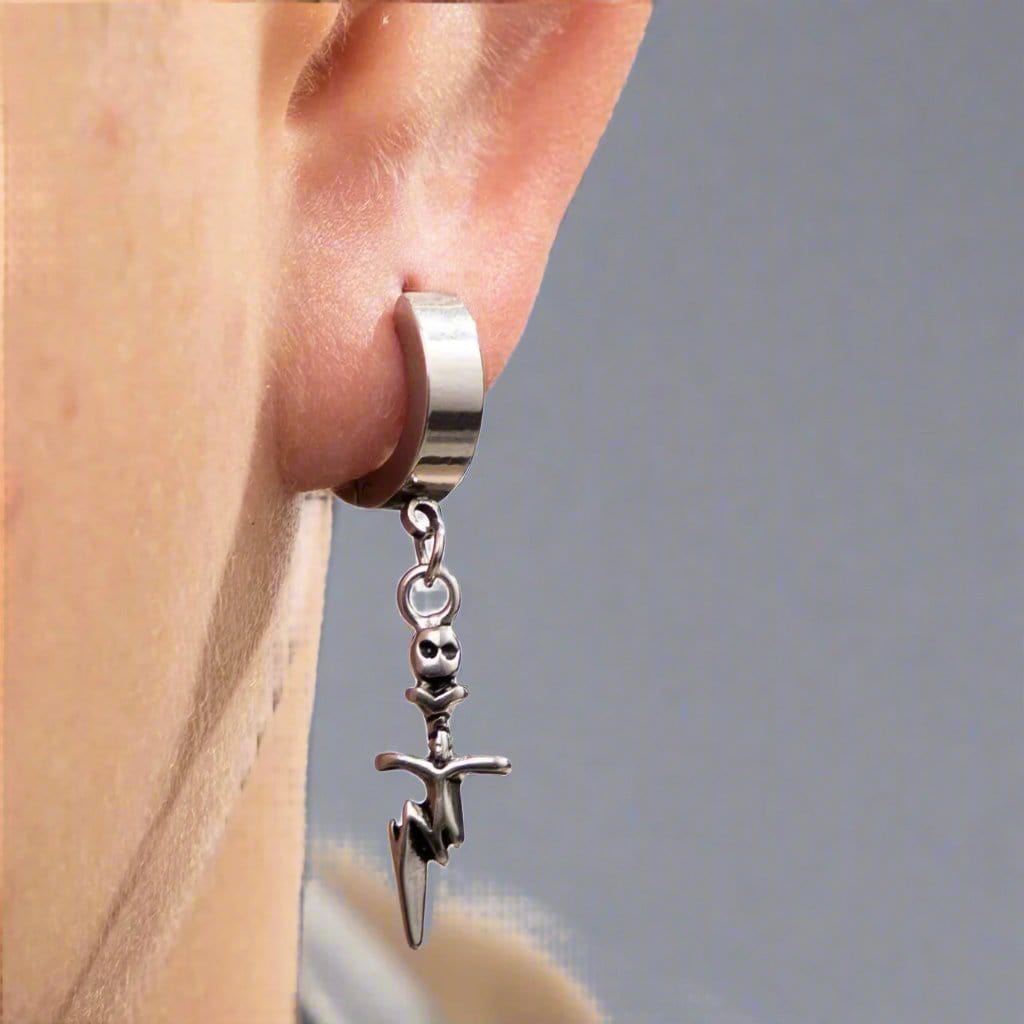 THE MEN THING Nose & Ear Ring Pair (Both Ears) SKULL DAGGER SILVER - Pure Titanium Steel Ear Hoop Earrings for Men & Boys (2 Pcs)