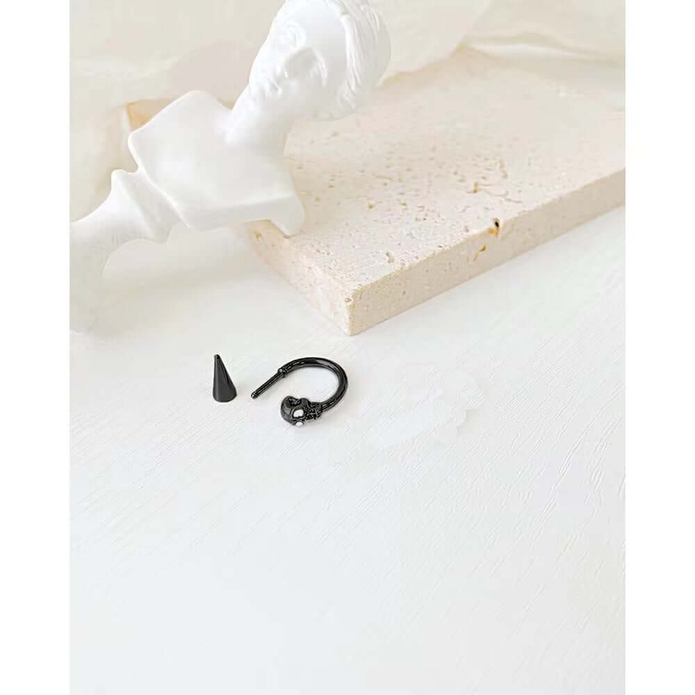 THE MEN THING Nose & Ear Ring Pair (Both Ears) SKULLSCAPE - BLACK - Pure Titanium Steel Ear Hoop Earrings for Men & Boys (2 Pcs)