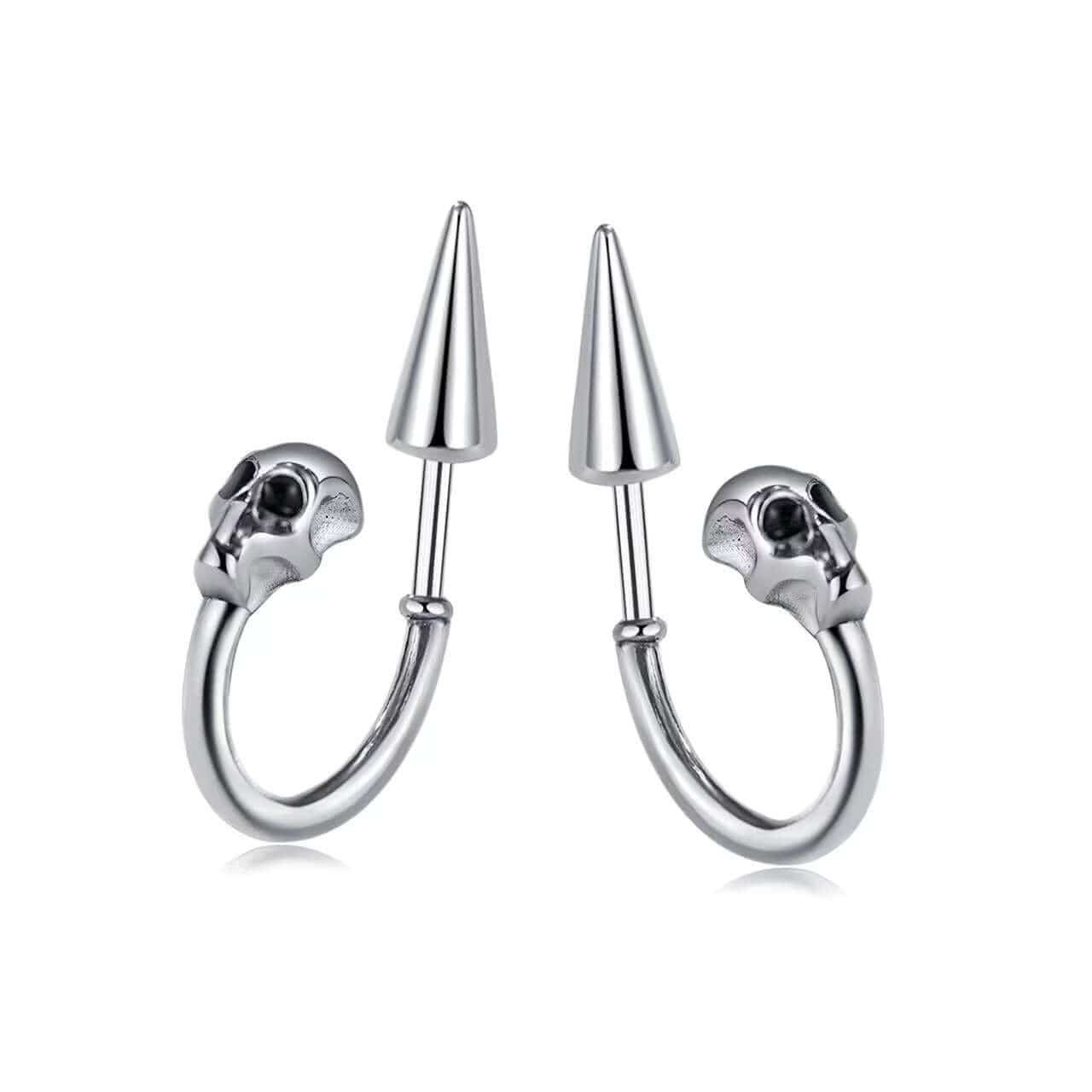 THE MEN THING Nose & Ear Ring Pair (Both Ears) SKULLSCAPE - SILVER - Pure Titanium Steel Ear Hoop Earrings for Men & Boys (2 Pcs)