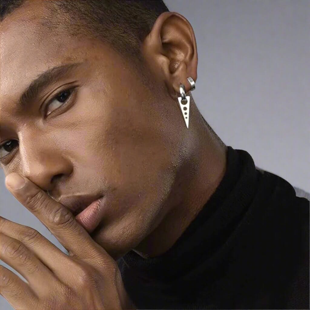 THE MEN THING Nose & Ear Ring Pair (Both Ears) SPIKE DROP SILVER - Pure Titanium Steel Ear Hoop Earrings for Men & Boys (2 Pcs)