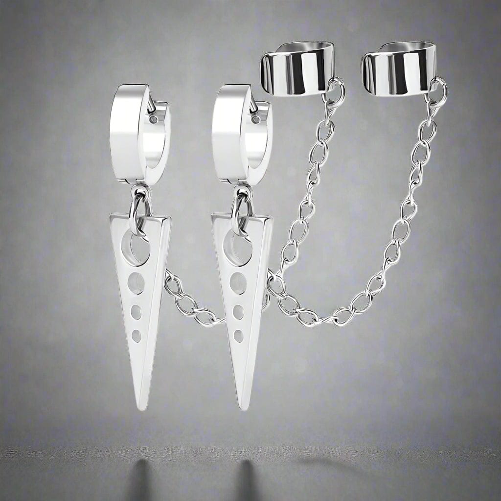 THE MEN THING Nose & Ear Ring Pair (Both Ears) TRIANGLE DROP SILVER - Titanium Steel Hoop Earrings for Men & Boys (2 Pcs)