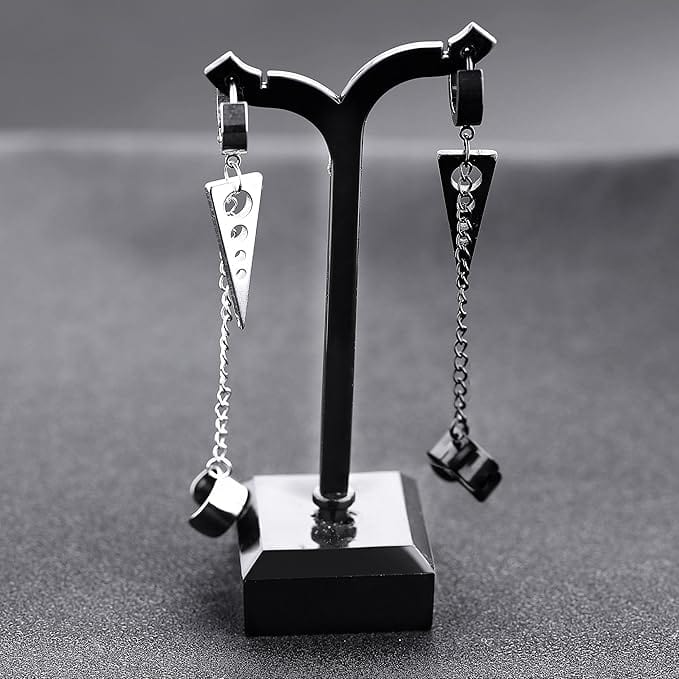 THE MEN THING Nose & Ear Ring Pair (Both Ears) TRIANGLE DROP SILVER - Titanium Steel Hoop Earrings for Men & Boys (2 Pcs)