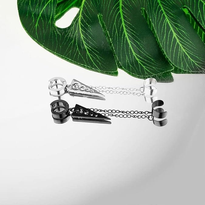 THE MEN THING Nose & Ear Ring Pair (Both Ears) TRIANGLE DROP SILVER - Titanium Steel Hoop Earrings for Men & Boys (2 Pcs)