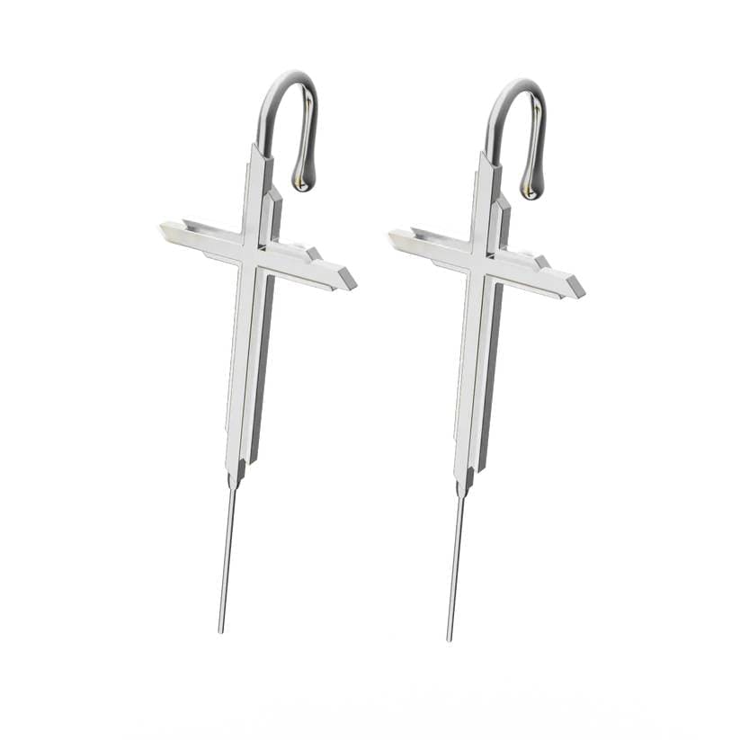 THE MEN THING Nose & Ear Ring Pair (Both Ears) VINE CROSS - Pure Titanium Steel Ear Crawler Hook Pin Cuff Earrings for Men & Boys (2 Pcs)
