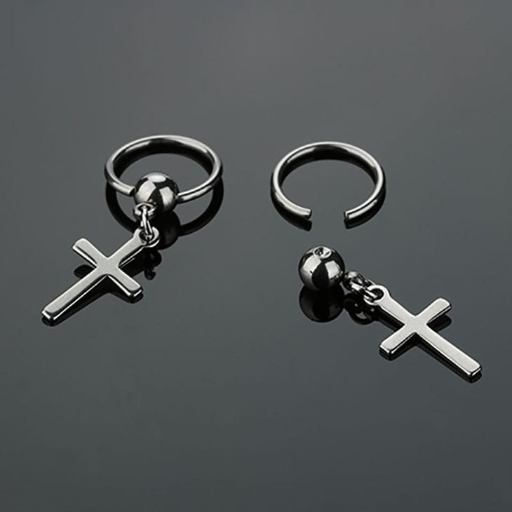 THE MEN THING Nose & Ear Ring Pair (Both Ears) VOIDWALKER SILVER CROSS - Titanium Steel Hoop Earrings for Men & Boys (2 Pcs)