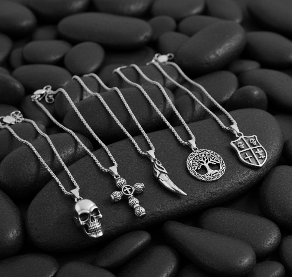THE MEN THING Pack of 5 Alloy Pendants with 24 inch Stainless Steel Chains for Men & Boys