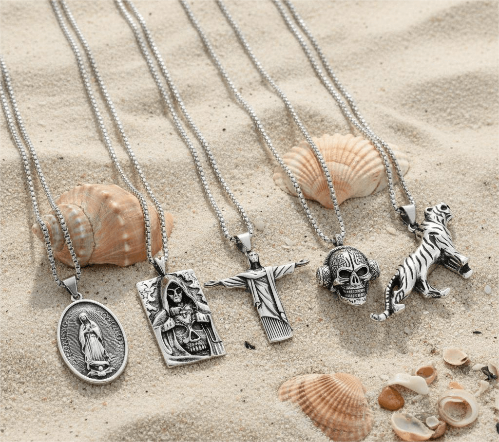 THE MEN THING Pack of 5 Alloy Pendants with 24 inch Stainless Steel Chains for Men & Boys