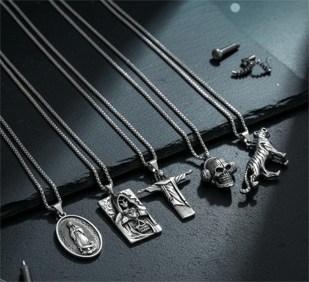 THE MEN THING Pack of 5 Alloy Pendants with 24 inch Stainless Steel Chains for Men & Boys