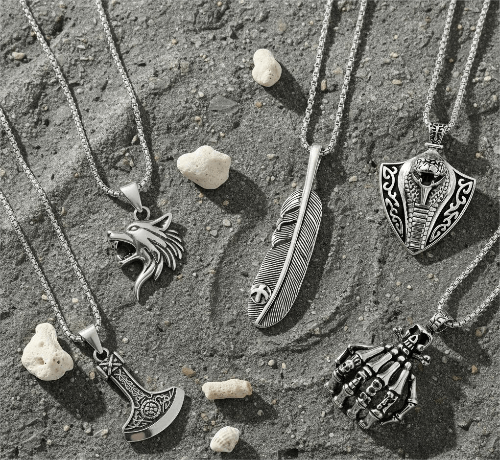 THE MEN THING Pack of 5 Alloy Pendants with 24 inch Stainless Steel Chains for Men & Boys