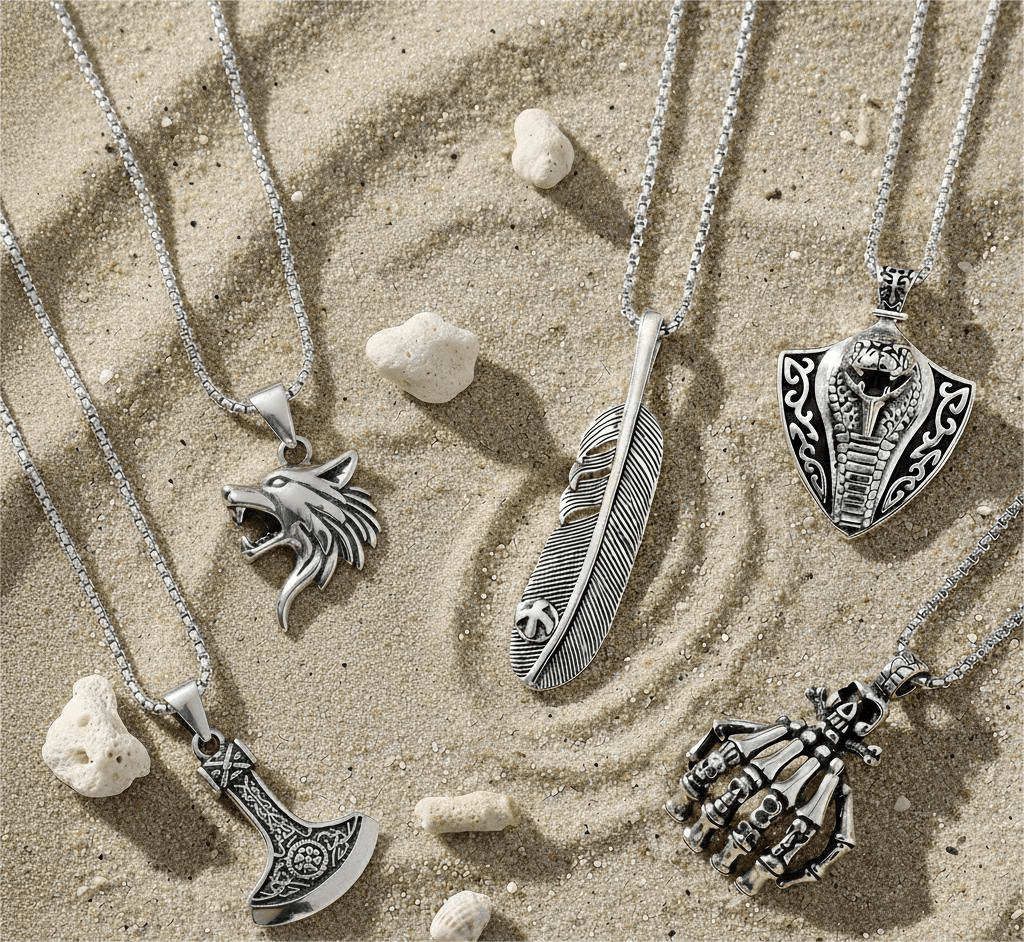 THE MEN THING Pack of 5 Alloy Pendants with 24 inch Stainless Steel Chains for Men & Boys