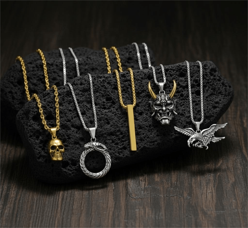 THE MEN THING Pack of 5 Alloy Pendants with 24 inch Stainless Steel Chains for Men & Boys
