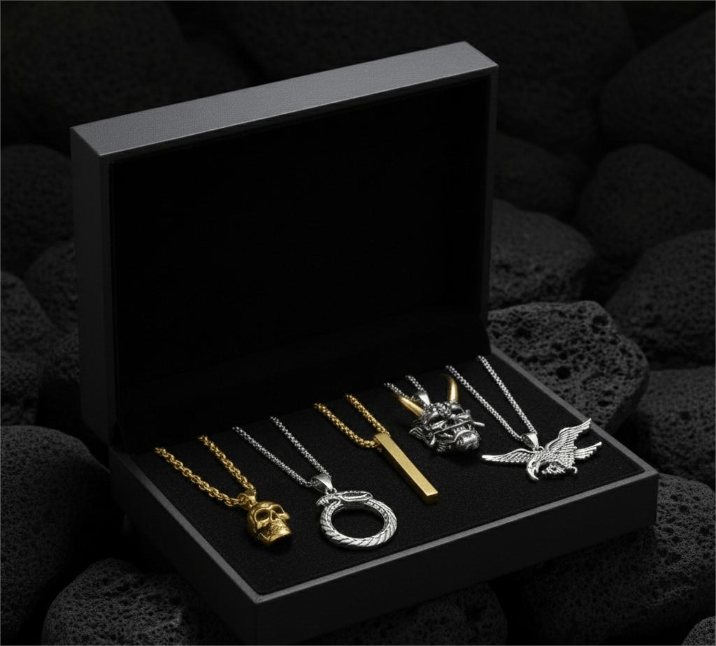 THE MEN THING Pack of 5 Alloy Pendants with 24 inch Stainless Steel Chains for Men & Boys