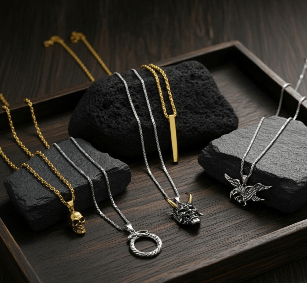 THE MEN THING Pack of 5 Alloy Pendants with 24 inch Stainless Steel Chains for Men & Boys