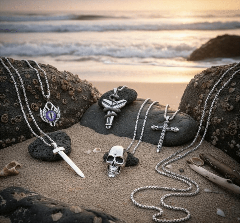 THE MEN THING Pack of 5 Alloy Pendants with 24 inch Stainless Steel Chains for Men & Boys
