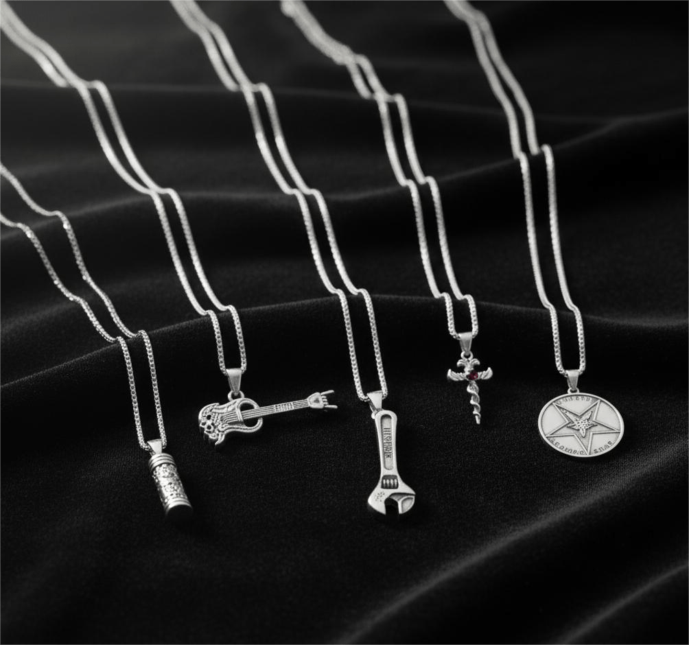 THE MEN THING Pack of 5 Alloy Pendants with 24 inch Stainless Steel Chains for Men & Boys