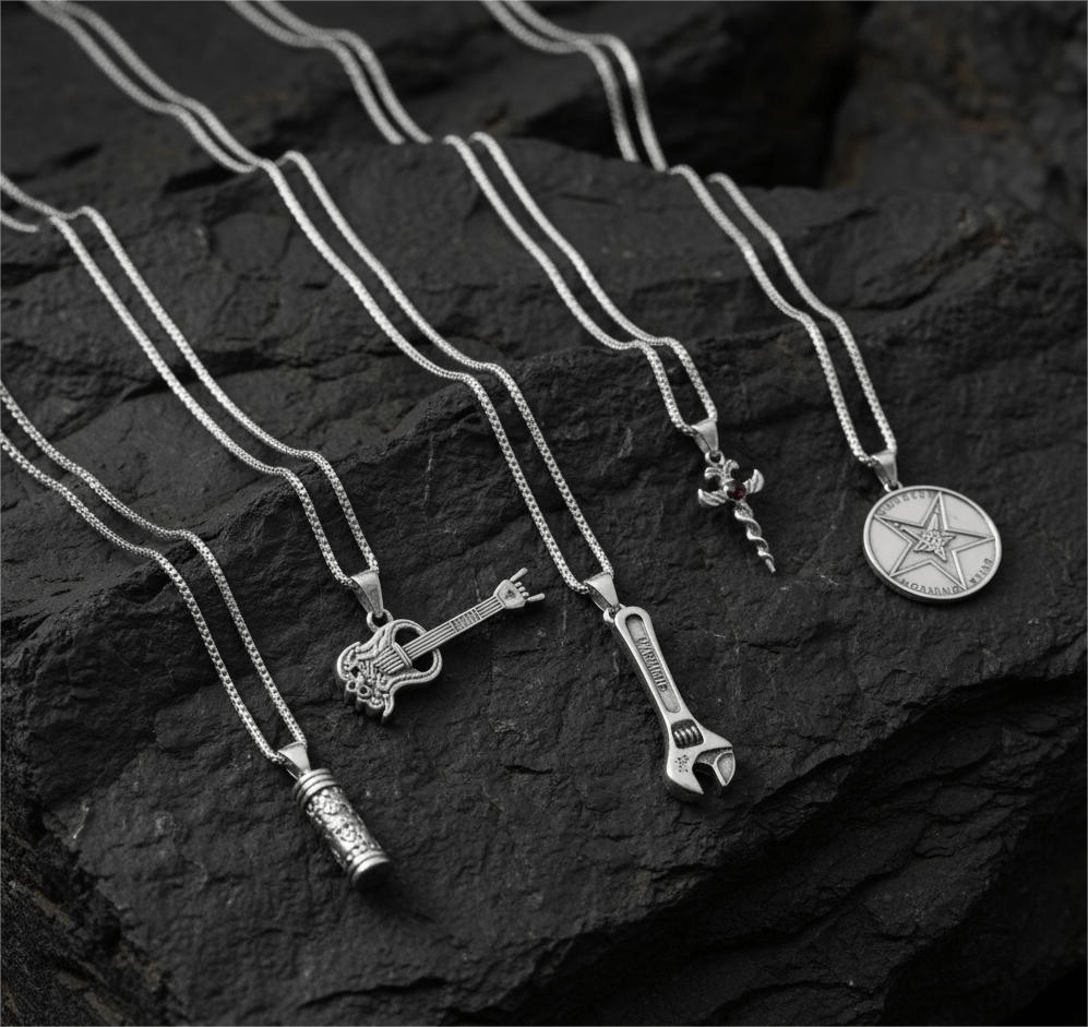 THE MEN THING Pack of 5 Alloy Pendants with 24 inch Stainless Steel Chains for Men & Boys