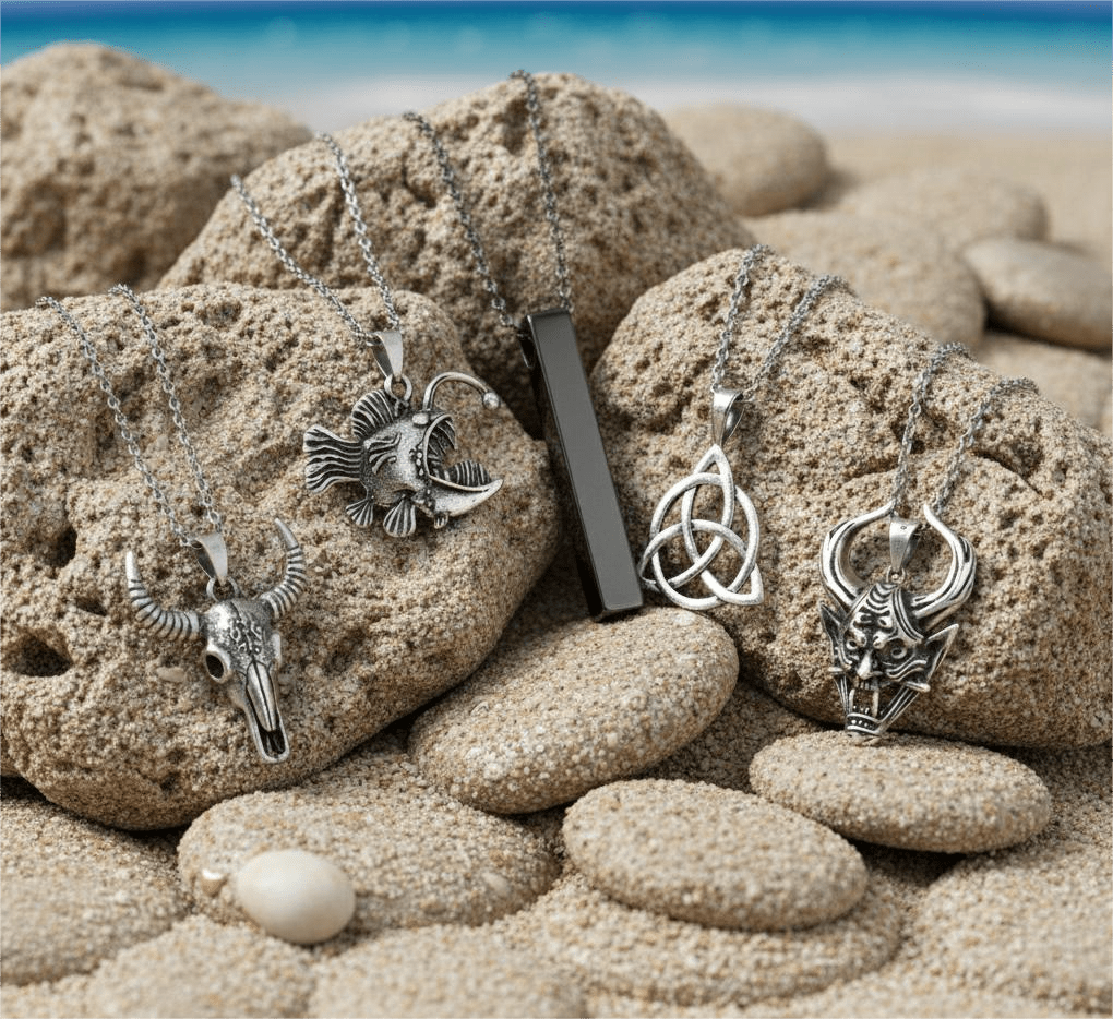 THE MEN THING Pack of 5 Alloy Pendants with 24 inch Stainless Steel Chains for Men & Boys