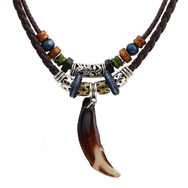 THE MEN THING Pearl / Bead Necklace BOHEMIAN WOLF TOOTH - Wolf Tooth Pendant with Beaded Multilayer Adjustable Rope Necklace for Men and Boys