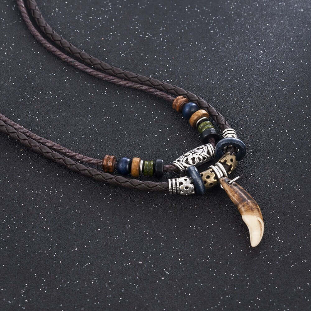 THE MEN THING Pearl / Bead Necklace BOHEMIAN WOLF TOOTH - Wolf Tooth Pendant with Beaded Multilayer Adjustable Rope Necklace for Men and Boys