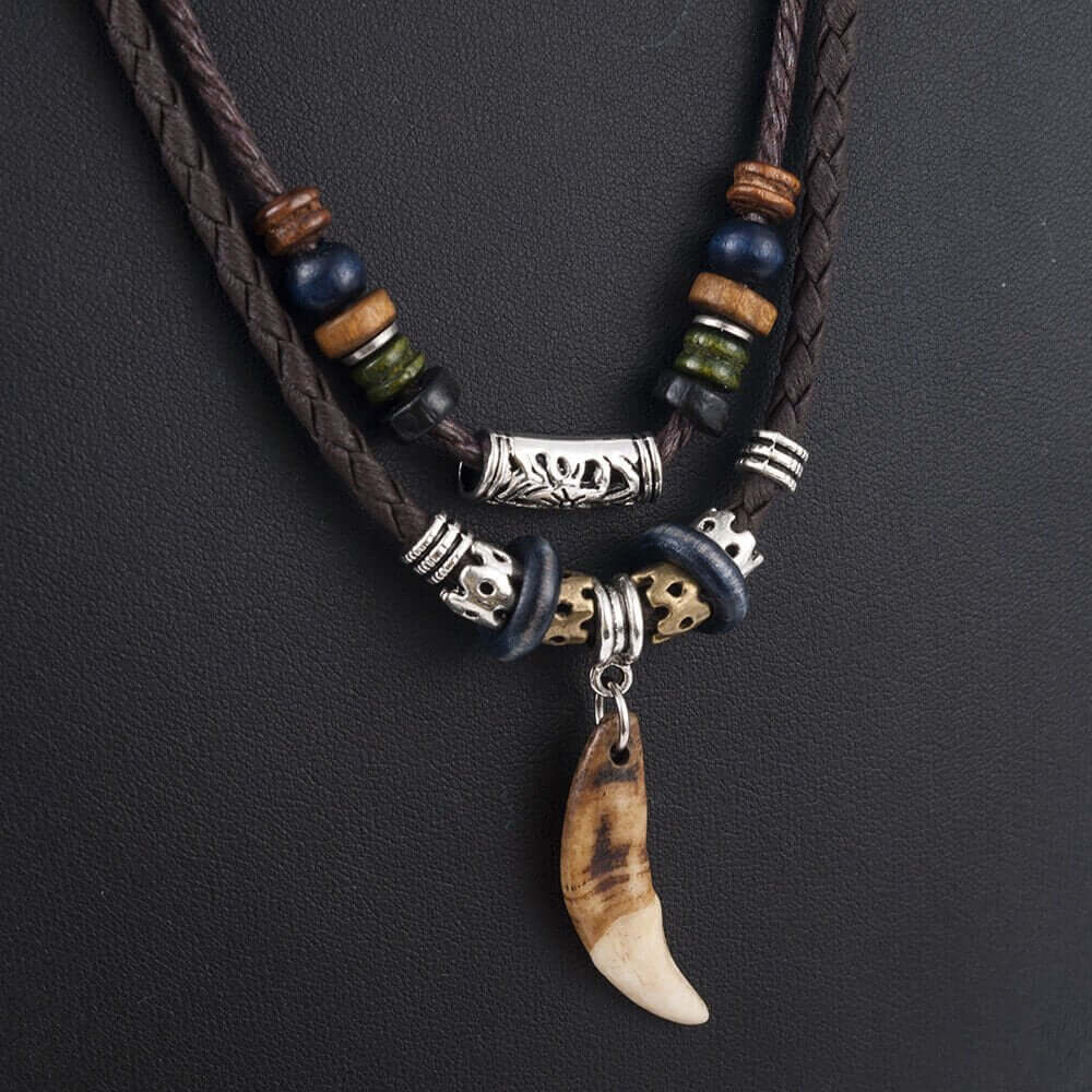THE MEN THING Pearl / Bead Necklace BOHEMIAN WOLF TOOTH - Wolf Tooth Pendant with Beaded Multilayer Adjustable Rope Necklace for Men and Boys
