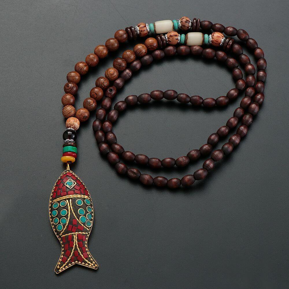 THE MEN THING Pearl / Bead Necklace BOHEMIAN WOOD FISH - Handmade Wood Bead Necklace with Horn Fish Pendant, Long Necklace for Men & Boys (36 Inch)