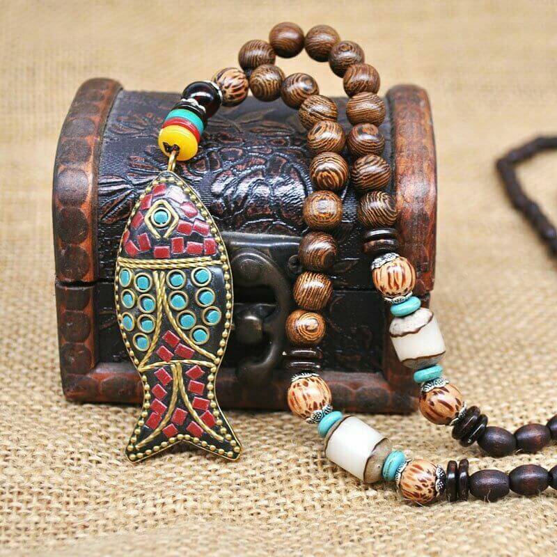 THE MEN THING Pearl / Bead Necklace BOHEMIAN WOOD FISH - Handmade Wood Bead Necklace with Horn Fish Pendant, Long Necklace for Men & Boys (36 Inch)