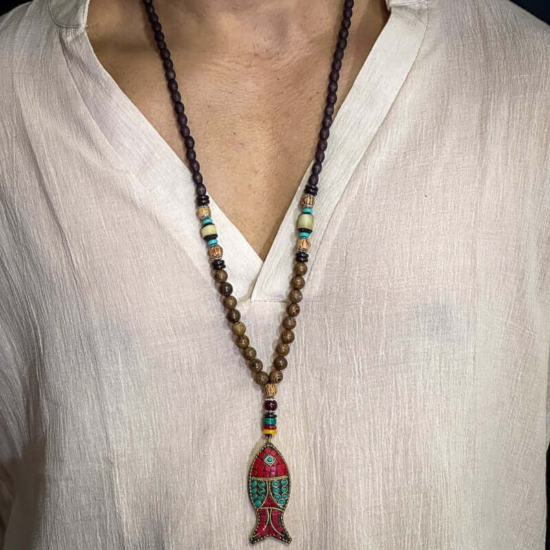 THE MEN THING Pearl / Bead Necklace BOHEMIAN WOOD FISH - Handmade Wood Bead Necklace with Horn Fish Pendant, Long Necklace for Men & Boys (36 Inch)