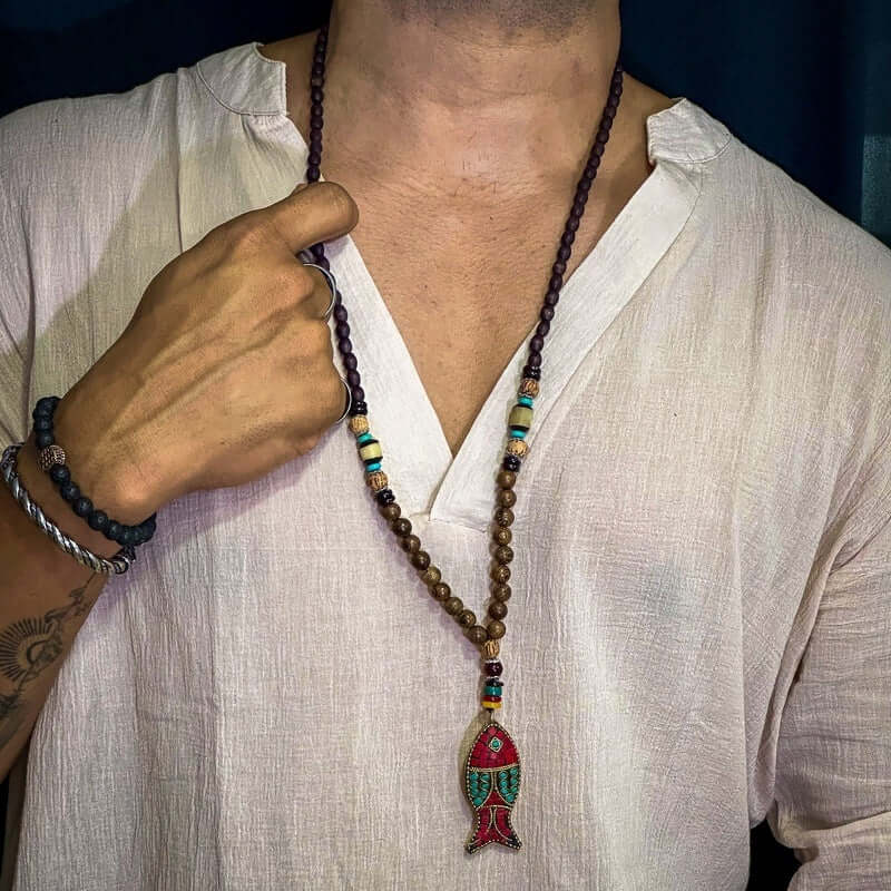 THE MEN THING Pearl / Bead Necklace BOHEMIAN WOOD FISH - Handmade Wood Bead Necklace with Horn Fish Pendant, Long Necklace for Men & Boys (36 Inch)