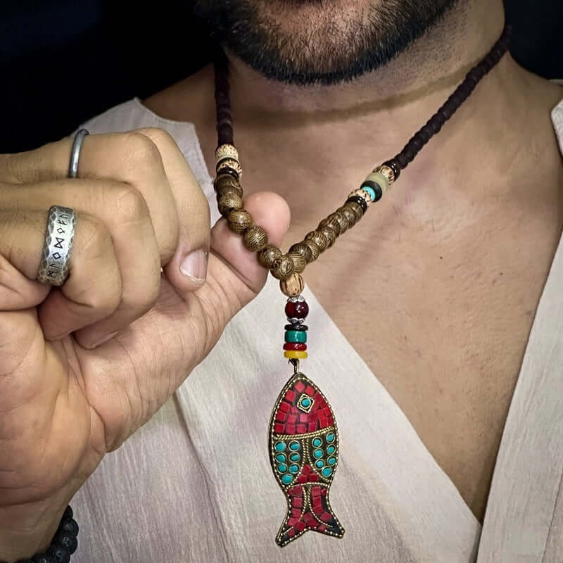 THE MEN THING Pearl / Bead Necklace BOHEMIAN WOOD FISH - Handmade Wood Bead Necklace with Horn Fish Pendant, Long Necklace for Men & Boys (36 Inch)