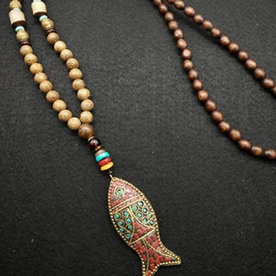 THE MEN THING Pearl / Bead Necklace BOHEMIAN WOOD FISH - Handmade Wood Bead Necklace with Horn Fish Pendant, Long Necklace for Men & Boys (36 Inch)