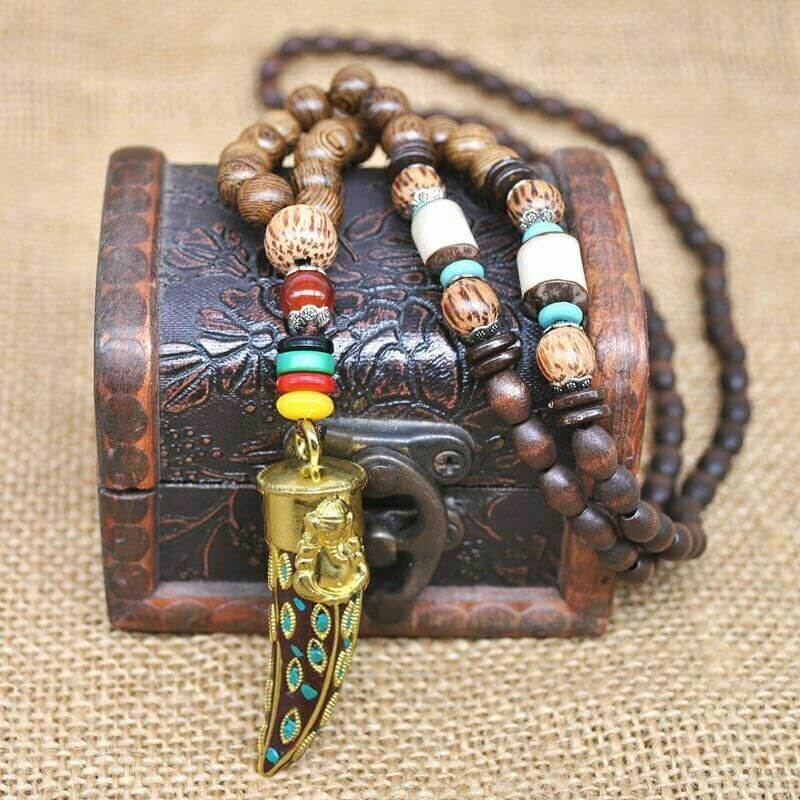 THE MEN THING Pearl / Bead Necklace BOHEMIAN WOOD GANESHA - Handmade Wood Beads Necklace with Ganesh Pendant Long Necklace for Men & Boys (36 Inch)