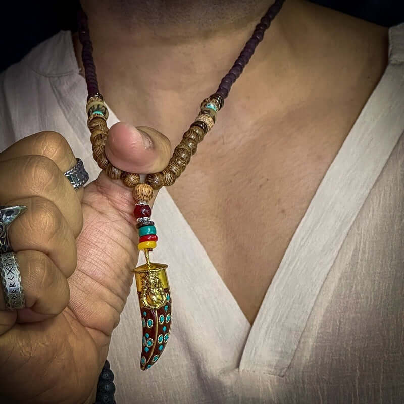 THE MEN THING Pearl / Bead Necklace BOHEMIAN WOOD GANESHA - Handmade Wood Beads Necklace with Ganesh Pendant Long Necklace for Men & Boys (36 Inch)