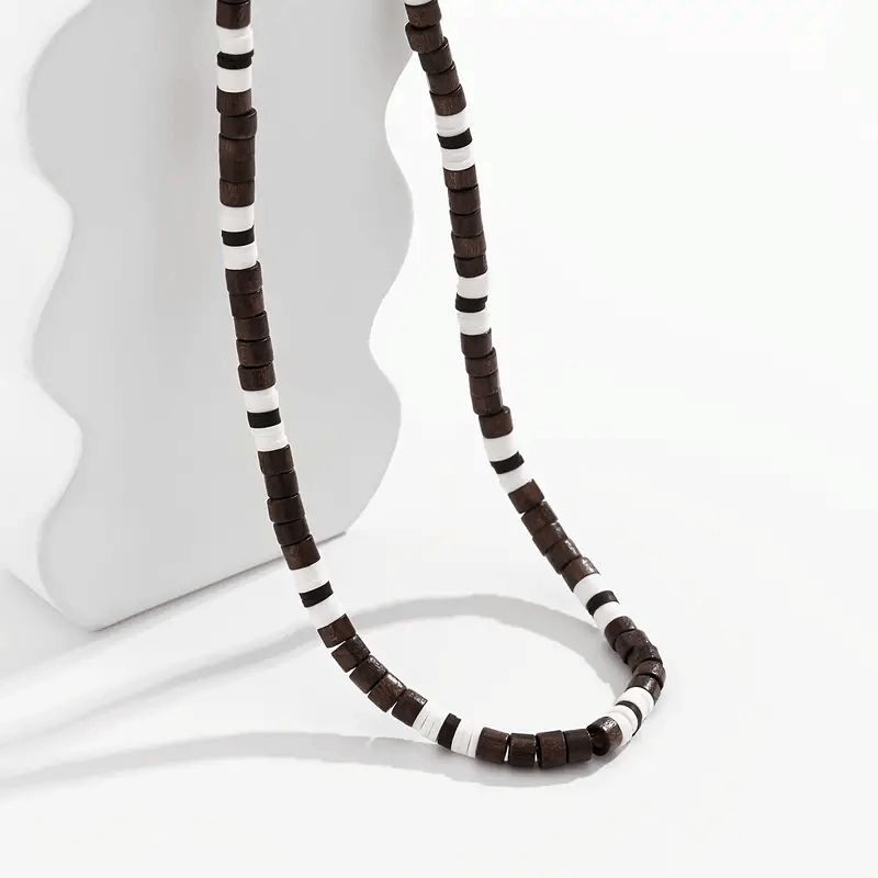 THE MEN THING Pearl / Bead Necklace BROWN TIGER COCO - Seed Beaded Necklace - Brown and White Puka Shells - Stylish Necklace for Men and Boys (21 inches with adjustable cable chain)