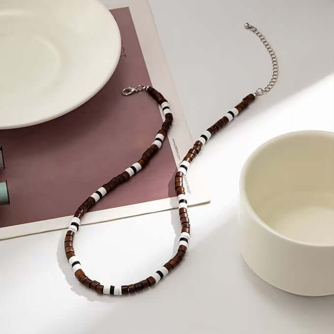 THE MEN THING Pearl / Bead Necklace BROWN TIGER COCO - Seed Beaded Necklace - Brown and White Puka Shells - Stylish Necklace for Men and Boys (21 inches with adjustable cable chain)