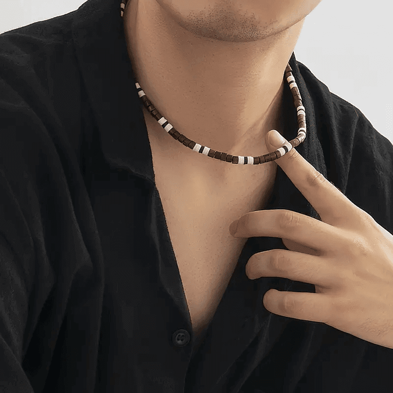 THE MEN THING Pearl / Bead Necklace BROWN TIGER COCO - Seed Beaded Necklace - Brown and White Puka Shells - Stylish Necklace for Men and Boys (21 inches with adjustable cable chain)