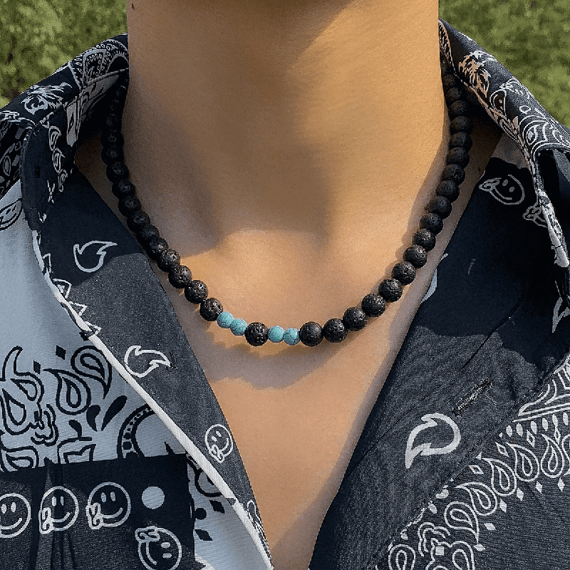 THE MEN THING Pearl / Bead Necklace COOL FAB LAGOON - Natural Black Lava Stone with Blue Pearl Necklace Mens & Boys (21 inch with adjustable cable chain)