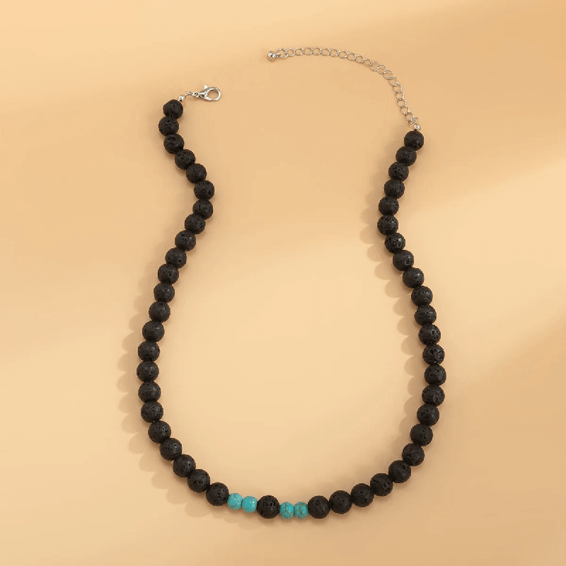 THE MEN THING Pearl / Bead Necklace COOL FAB LAGOON - Natural Black Lava Stone with Blue Pearl Necklace Mens & Boys (21 inch with adjustable cable chain)