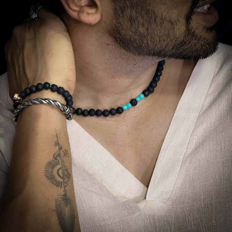 THE MEN THING Pearl / Bead Necklace COOL FAB LAGOON - Natural Black Lava Stone with Blue Pearl Necklace Mens & Boys (21 inch with adjustable cable chain)