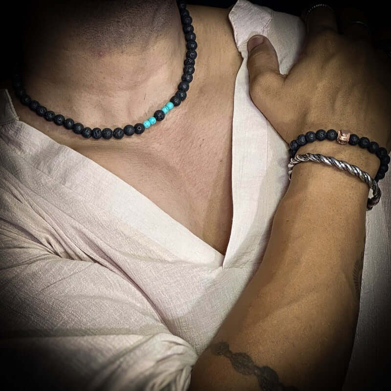 THE MEN THING Pearl / Bead Necklace COOL FAB LAGOON - Natural Black Lava Stone with Blue Pearl Necklace Mens & Boys (21 inch with adjustable cable chain)